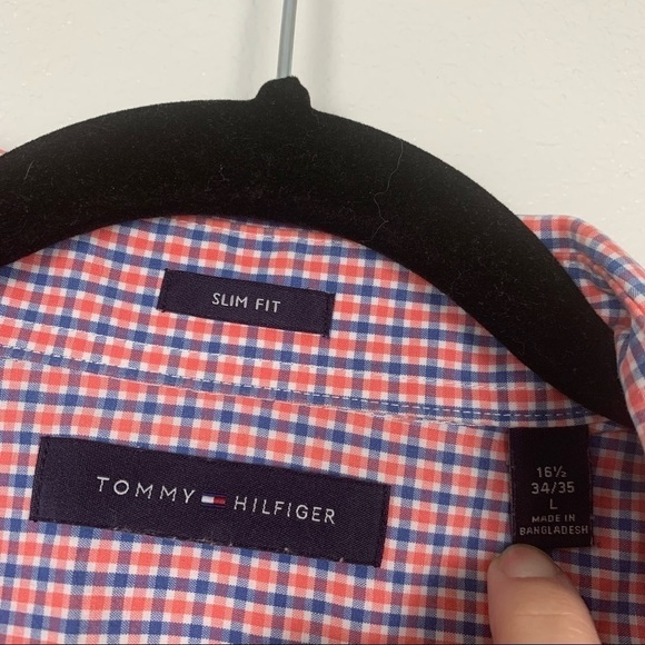 TOMMY hilfiger button front red blue check print dress shirt sz L - Picture 2 of 3
